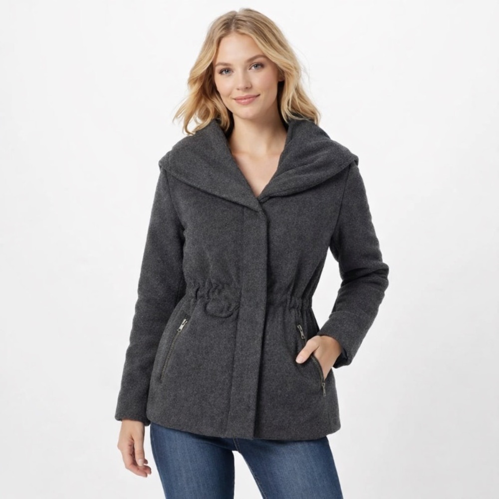 LOFT Ann Taylor Charcoal Gray Shawl Collar Cinch Waist Puffer Jacket Size SP